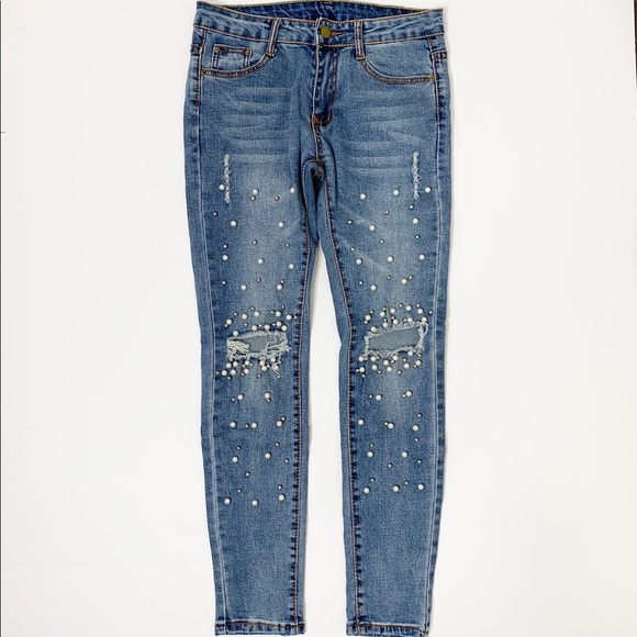 Vintage Pearl & Rhinestone Embellished Skinny Jean - Picture 2 of 6